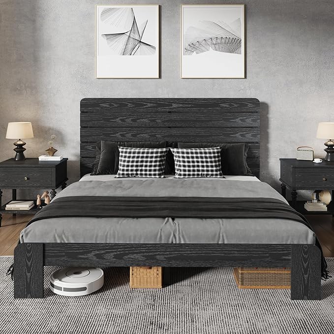 King Size Wooden Bed Frame with Headboard, Industrial Platform Bedframe with Wood Slat Support, Sturdy and No Noise, Easy Assembly (Black, King)