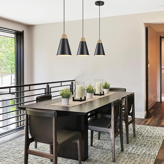 Dijiahua Black Kitchen Pendant Lighting Over Island 3 Pack,Small Modern Farmhouse Chandeliers with Hammered Metal Cone Shade,Mini Industrial Adjustable Cord Hanging Ceiling Lamp Fixtures Over Sink