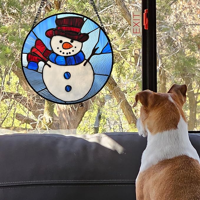 Stained Glass Window Hanging 4 Pcs Set Blue White Christmas Snowman Snowflake 6.3" - Suncatcher Door Garden Sun Catcher Decor Birthday Mother's Day Xmas Gifts for Mom Woman Nana Men