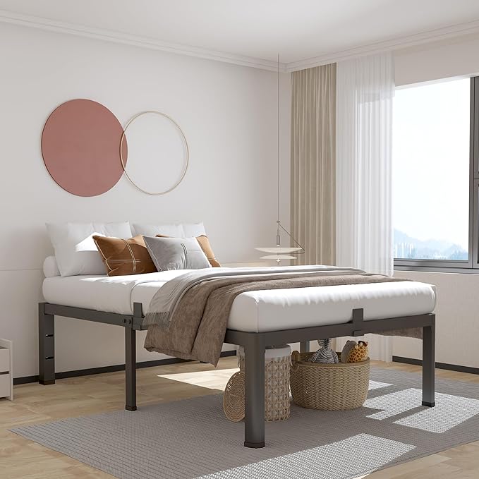 ROIL 16 Inch Twin XL Bed Frame with Rounded Corner and Headboard Hole Mattress Retainers 3500LBS Metal Heavy Duty Steel Slats No Box Spring Needed Platform Noise-Free Easy Assembly