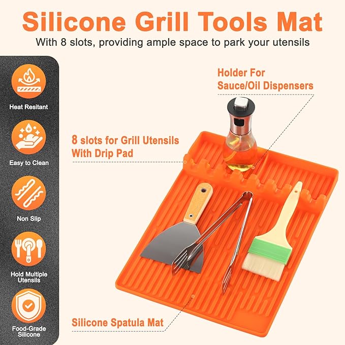 Silicone Grill Mat for Blackstone Silicone Griddle Tools Mat with Drip Pad Grill Pad for Outdoor Grill Kitchen Countertop (Orange)