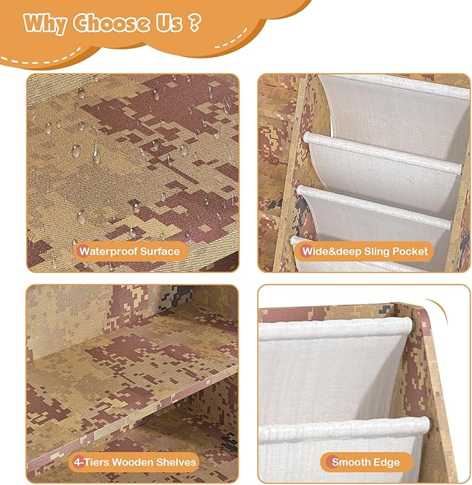 4 Tier Kids Bookshelf Wooden, Five Layer Sling Children Bookcase, Baby Toddler Storage Book Rack, Book and Toy Organizer Cabinet Chest, Book Display Shelf Stand, Playroom Nursery Classroom Library