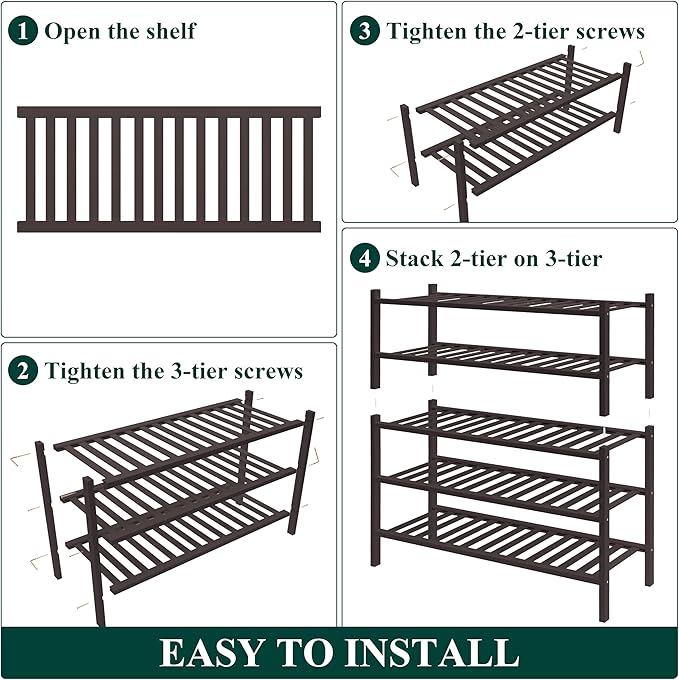 Smiry Bamboo Shoe Rack for Closet, 5 Tier Wooden Stackable Shoe Organizer, Free Standing Shoes Storage Shelf for Entryway, Front Door Entrance, Brown