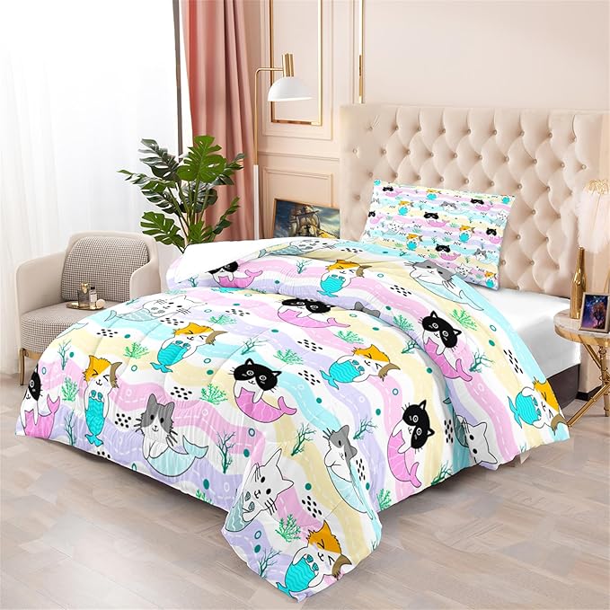 Cat Twin Bedding Set 2Pcs - Cartoon Mermaid Tail Cat Twin Comforter Set for Girls Bedroom Ultra Soft Warm Kitty Comforter Set for Girls Room Decor with 1 Cat Comforter and 1 Pillowcase, Twin Size