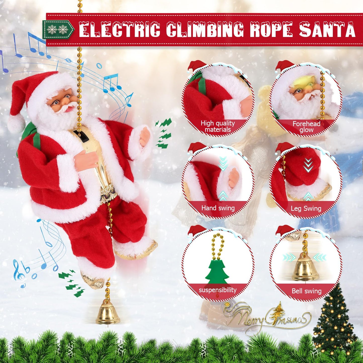 Gfilay 2025 Upgraded Climbing Santa with Music, Animated Electric Santa Claus on Rope, Musical Christmas Tree Ornament, Battery Operated Holiday Decoration Gift