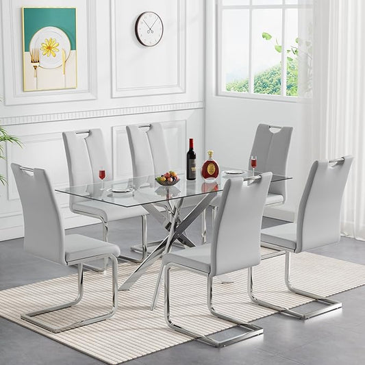 51'' Silver Glass Dining Table Set for 6,7 Piece Kitchen Table and Chairs Set with Metal Legs and 6 PU Leather Dining Chairs for Kitchen Room Small Spaces