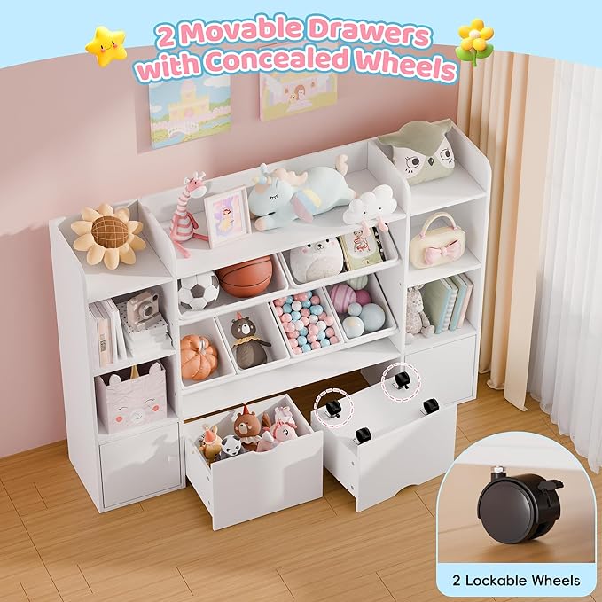 Xilingol Kids Toy Storage Organizer W/6 Removable Toy Bins, 4-Tier Toy Organizers W/6 Storage Cubbies and 2 Movable Drawers, Kid Bookshelf and Toy Storage for Playroom, Bedroom, Kids Room (White)
