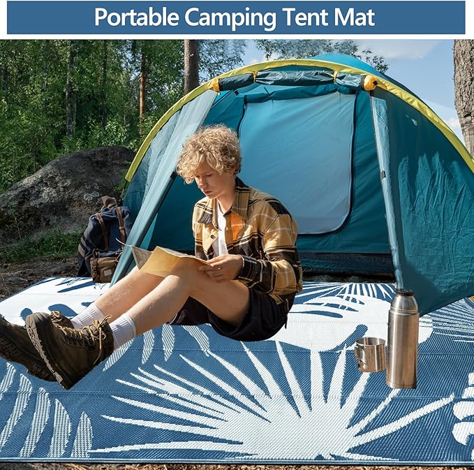 Waterproof Outdoor Rug 6x9 ft, Reversible Plastic Straw Mat with Leaf Pattern, Large Floor Mat for Patio, Camping, Picnic, Backyard RV, Deck, Blue