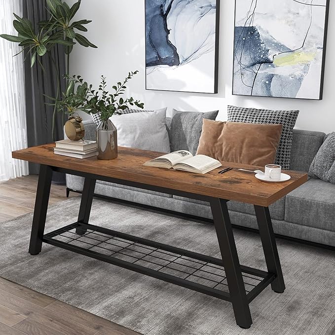 Storage Bench Industrial Rustic Wooden and Metal Entryway Shoe Boots Storage Rack Long Bench Seat for Hallway Bedroom Retro Brown Farmhouse Style