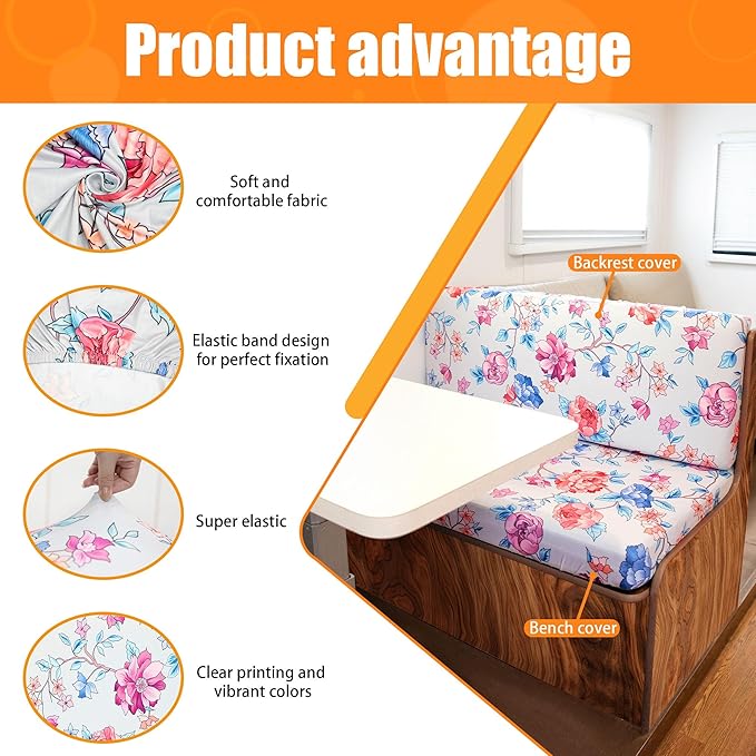Radiant & Dazzling RV Dinette Cushion Covers - 2 Backrest & 2 Bench Covers, Stretchable Slipcovers for Camper Couch Replacement