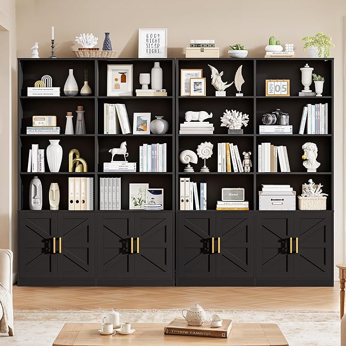 Black 6 Tier Bookshelf with Storage Set of 2, 71” Tall Farmhouse Bookcase with 8 Doors and Adjustable Shelves, Wooden Floor Standing Display Book Shelf Organizer for Home Office