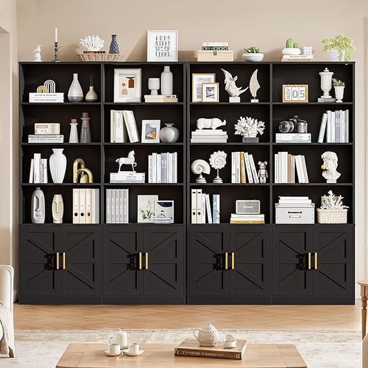 Black 6 Tier Bookshelf with Storage Set of 2, 71” Tall Farmhouse Bookcase with 8 Doors and Adjustable Shelves, Wooden Floor Standing Display Book Shelf Organizer for Home Office