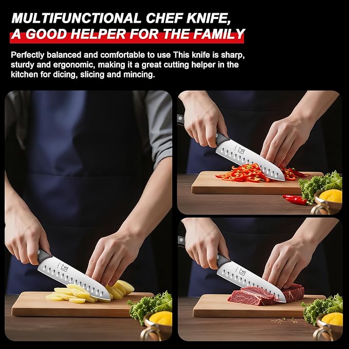 Santoku Chef Knife, 7 Inch Kitchen Knife, Ergonomic Non Slip Thumb Grip,Ultra Sharp Cutting Knife, Forged From Japanese Steel, Professional Cooking Knife For Cutting Meat And Vegetables.