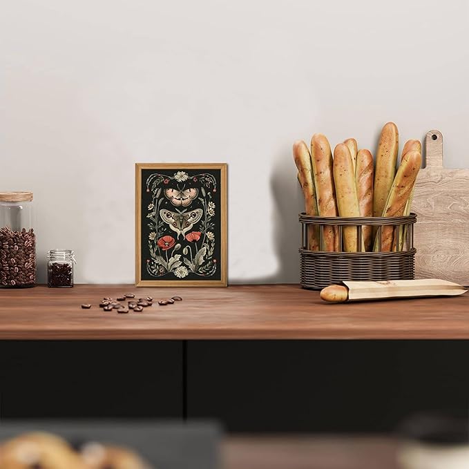 Vintage Framed Wall Art - 3D Textured Classical Style Moth Pictures Wall Decor - Hand Drawn Flowers Nature Art Painting for Living Room Bedroom Home Decor 8x10in