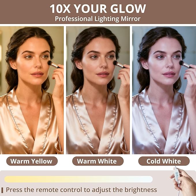 LIKIMIO Vanity Desk with Mirror and Lights, Makeup Vanity Table Set with Storage Stool, Makeup Drawer Organizer, 3 Color Modes Adjustable Bulb, Power Outlet, White Vanity for Bedroom