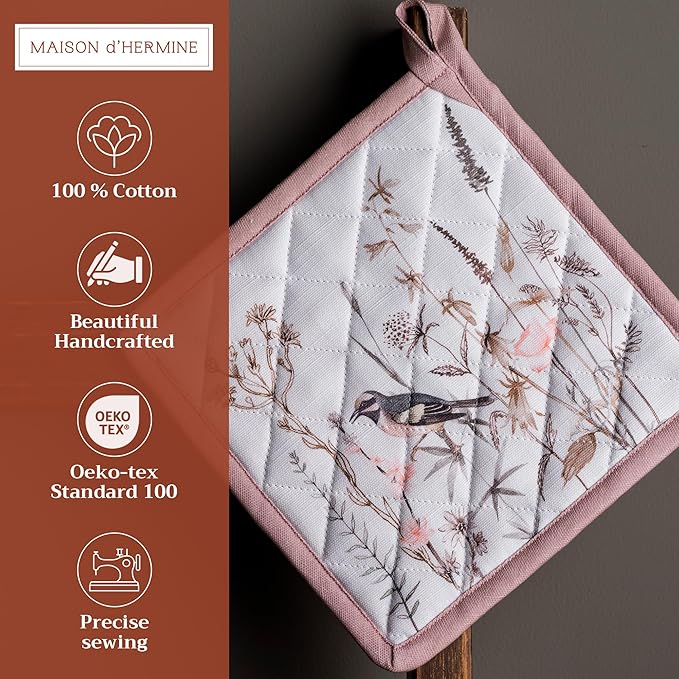 Maison d' Hermine Pot Holders 100% Cotton Heat Resistant Potholders 8" x 8" Hot Pads with Loop BBQ, Cooking, Grilling, Kitchen, Handling Hot Pans Spring/Summer (Pack of 1, Meadow Florals - Brown)