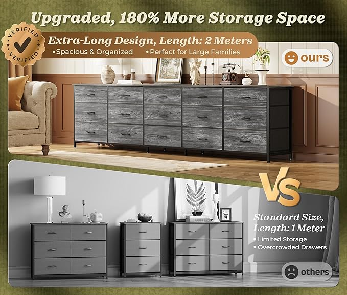 Huuger 78.7 inch Long Dresser for Bedroom, 15 Drawer Fabric Dresser for Closet, Large TV Stand for 65, 75, 85 inch TV, Wide Chest of Drawer with Storage, 78.7" W x 12.9" D x 26.7" H, Grey