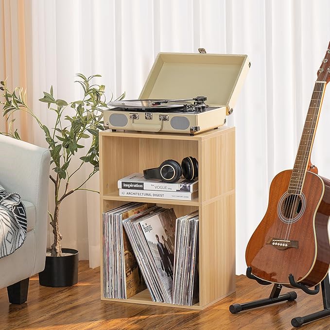 LEYAOYAO 2 Cube Bookshelf,Natural Record Player Stand Holds up to 100 Albums, Mini Wood Book Shelf Storage Organizer,Turntable Stand with Vinyl Storage Cabinet, Narrow Open Bookcase for Small Spaces