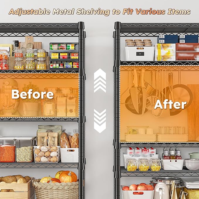 REIBII 1984LBS Storage Shelves with Wheels 75.2"H Wire Shelving Unit, Metal Shelving with Wheels & Feet, 5 Tier Adjustable Metal Dorm Storage Shelves for Pantry Kitchen Garage, 75.2"H x 35.5"W x 16"D