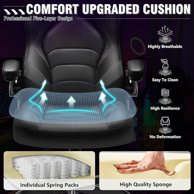 Gaming Chair, Leather High-Back Home Office Desk Chair with Flip-Up Arms, Ergonomic Padded Rolling Wheels Swivel Tilt Gamer Computer Chair with Comfy Lumbar Support, Height Adjustable, Black