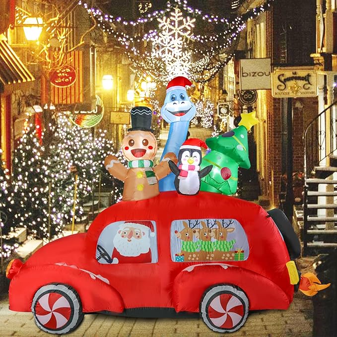 VCUTEKA Christmas Inflatables Outdoor Decorations - 8FT Inflatable Red Car with Gingerbread Man and Dinosaur Christmas Blow Up Yard Lighted for Holiday Garden Lawn Xmas Decor