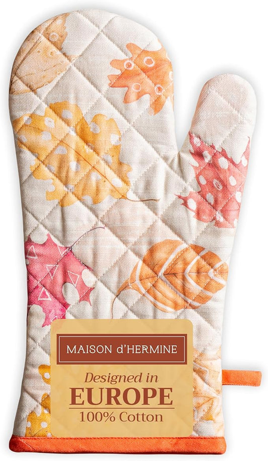 Maison d' Hermine Oven Gloves 100% Cotton Oven Mitt 7" x 13" with Loop Heat Resistant BBQ Cooking Gloves for Thanksgiving Christmas Decorations Baking Handling Hot Pans (Pack of 1, Colours of Autumn)