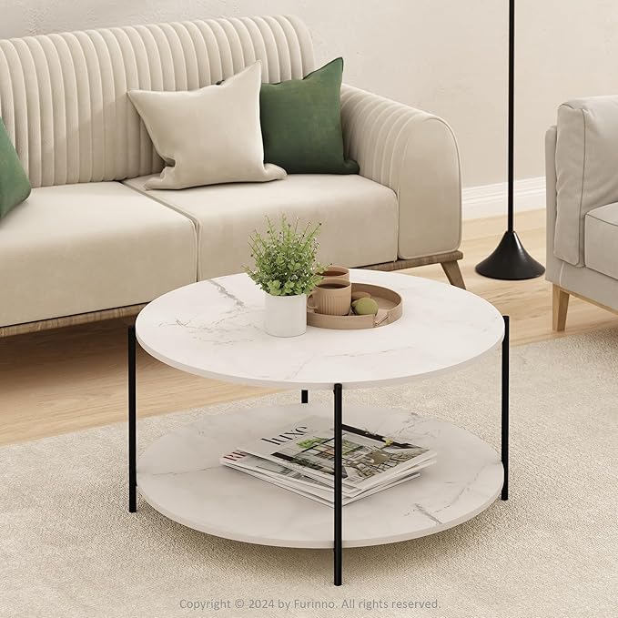 Furinno Besi 2-Tier Modern Round Coffee Table Table with Sturdy Metal Legs, Marble White/Black