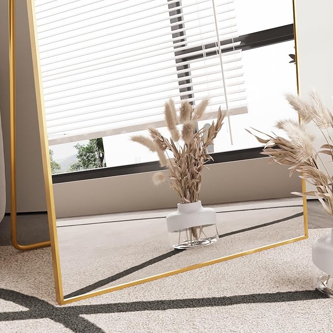 FANYUSHOW Full Length Mirror, Standing Hanging or Leaning Body Mirror, Simple Rectangle Design, Aluminum Alloy Thin Frame, Floor Mirror for Bedrooms, Bathrooms, Living Room 63"x18" (Gold)