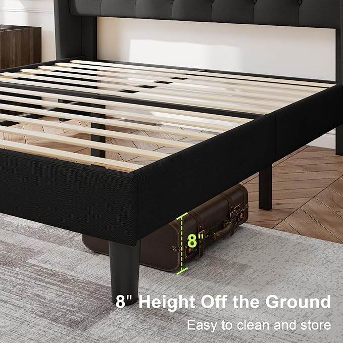 Feonase Queen Bed Frame with Upholstered Wingback Headboard, Platform Bed and Heavy Duty Wooden Slats Support, Easy Assembly, Noise-Free, No Box Spring Needed, Black