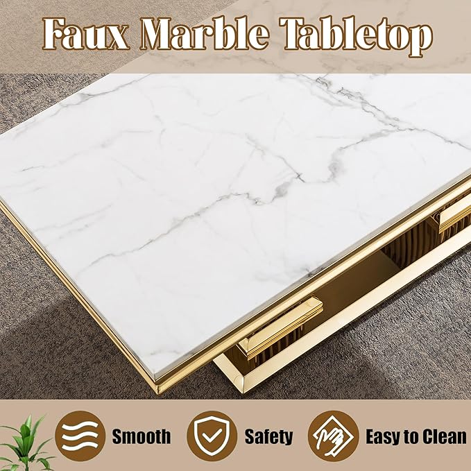 47" Marble Coffee Table, Modern White Center Table with Golden Pillar Stainless Steel Base, Rectangle Faux Marble Coffee Table for Living Room, Office