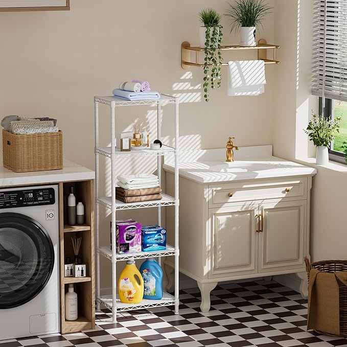 Small 5 tire Shelves Storage Wire Shelving Unit Metal Shelf Adjustable Organizers Storage Shelving for Bathroom Laundry Room Kitchen Pantry10”D x 16”W x 55”H White