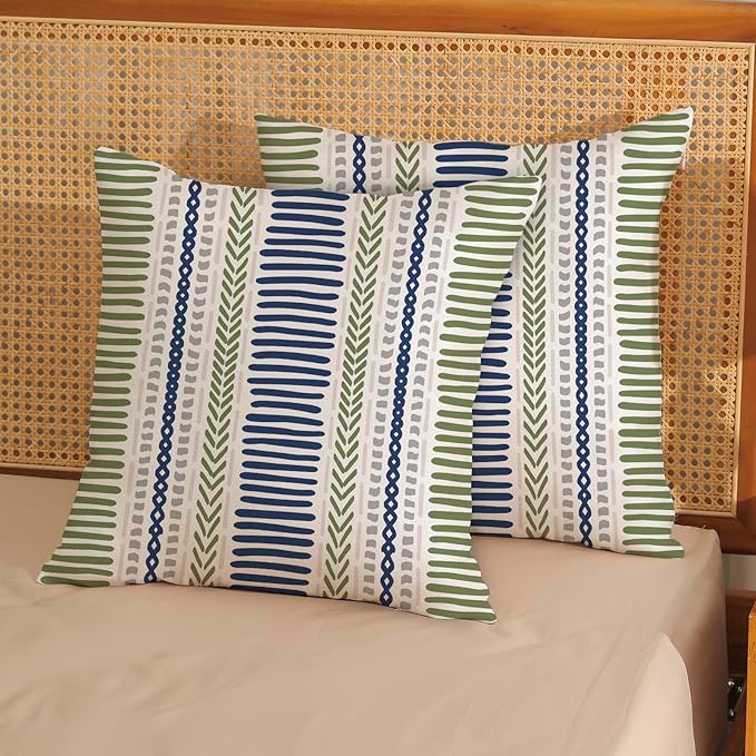 Boho Pillow Covers 18x18 Set of Blue Sage Green Stripes Throw Pillow Covers Outdoor Decoration, Abstract Modern Bohemian Farmhouse Linen Decorative Cushion Cover for Home Sofa Couch