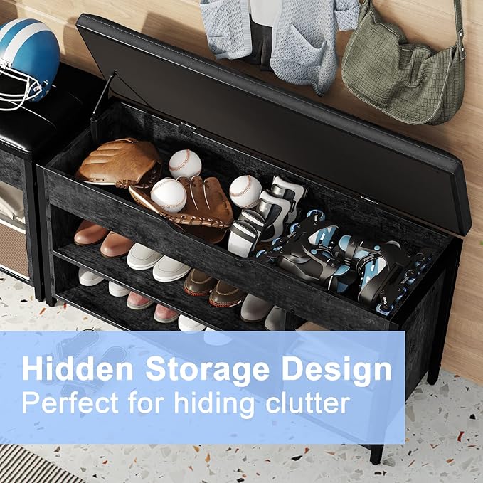 Shoe Bench, Lift Top Shoe Storage Bench, Adjustable Shelf Entryway Bench, Metal and Wood Shoe Rack Organizer with Cushion for Entry, Bedroom, Closet, Living Room, Hallway (Black, 35.5" W)