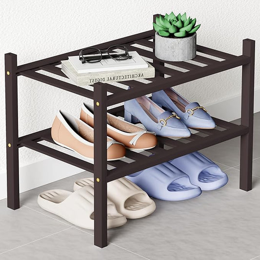 Smiry Bamboo Shoe Rack for Closet, 2 Tier Small Wooden Stackable Shoe Organizer, Free Standing Shoes Storage Shelf for Entryway, Front Door Entrance, Brown