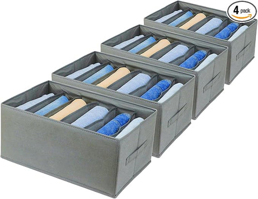Extra Large Clothes Closet Organizer 6 Compartments for Jean Sweater Sheets to Shirt - Divided Clothing Storage Boxes for Closet, Wordrobe, Bedroom, Shelf (4pc Gray)