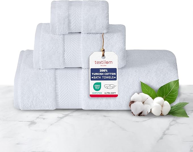 TEXTILOM 100% Turkish Cotton 3 Pcs Bath Towel Set, Luxury Bath Towels for Bathroom, Soft & Absorbent Bathroom Towels Set (1 Bathtowel, 1 Hand Towel, 1 Washcloth)- White