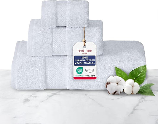 TEXTILOM 100% Turkish Cotton 3 Pcs Bath Towel Set, Luxury Bath Towels for Bathroom, Soft & Absorbent Bathroom Towels Set (1 Bathtowel, 1 Hand Towel, 1 Washcloth)- White