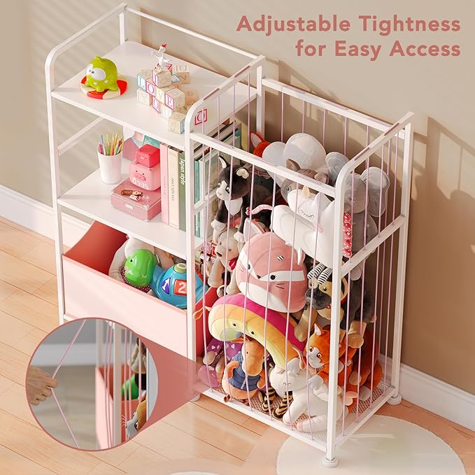 BBLIKE Stuffed Animal Storage - Stuffed Animal Net with Kids Bookshelf and Toy Organizer, 2-Tier White Bookshelf with Stuffed Animal Holder and Fabric Toy Chest for Kids Room, Playroom, Nursery, Pink