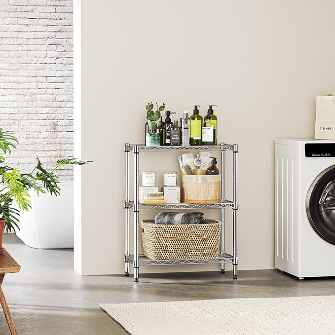 IZEUK 3 Tier Heavy Duty Steel Storage Shelves, Metal Shelf Wire Shelving Rack for Pantry, Kitchen, Cloakroom or Office Organization (11.8" D x 25.6" W x 31.5" H, 750LBS, Chrome)