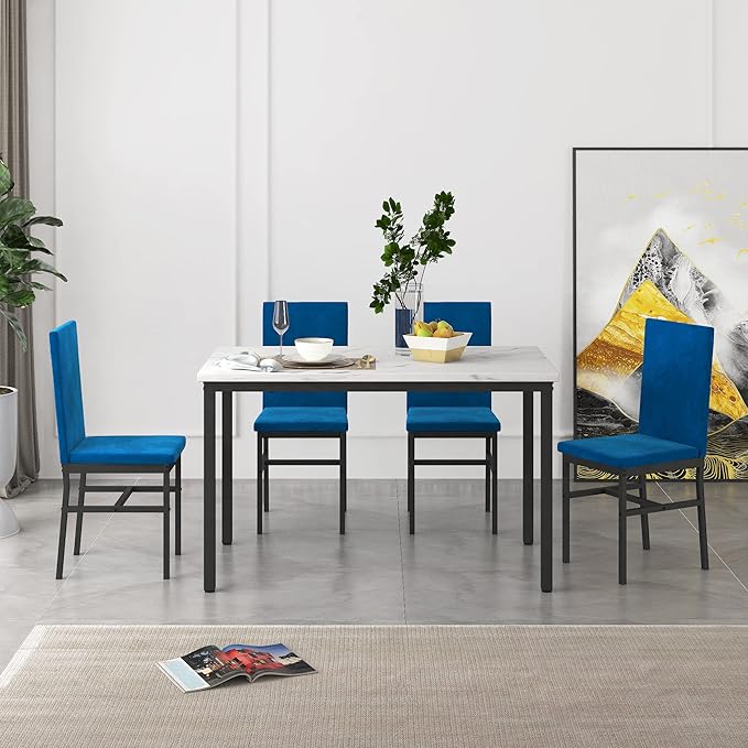 Dining Table Set for 4, 47.2" Faux Marble Kitchen Table Set with 4 Upholstered Velvet Chairs, Dinette Table Set for Dining Room, Kitchen, Breakfast Corner (Blue)