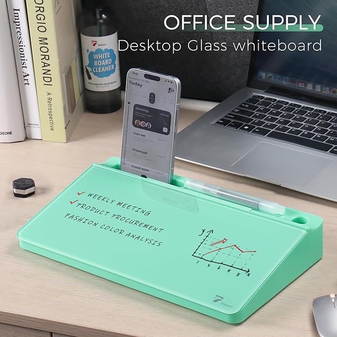 TOWON Small Compact Glass Desktop Whiteboard with Storage – 12 x 7 in Dry Erase Board for Desk, Home Office, School | Includes 5 Markers, Eraser & Holder | Space-Saving Organizer, Aesthetic Mint Green