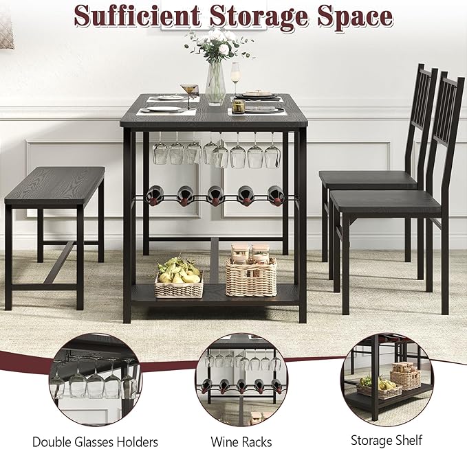 4 EVER WINNER Dining Table Set for 4, 55" Kitchen Table Chairs with 2 Chairs and Bench, 4 Piece Dining Room Table Set with Wine Rack & Wine Glasses Holder for Small Space, Black