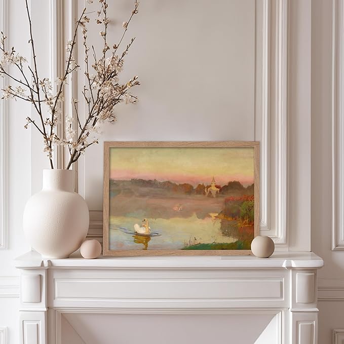 Poster Master Vintage Pond in Radziejowice Poster - Retro Swan Print - Lake Art - Landscape Art - Farmhouse Art - Animal Lover Art - Aesthetic Living Room or Office Decor, 8x10 Beige Framed