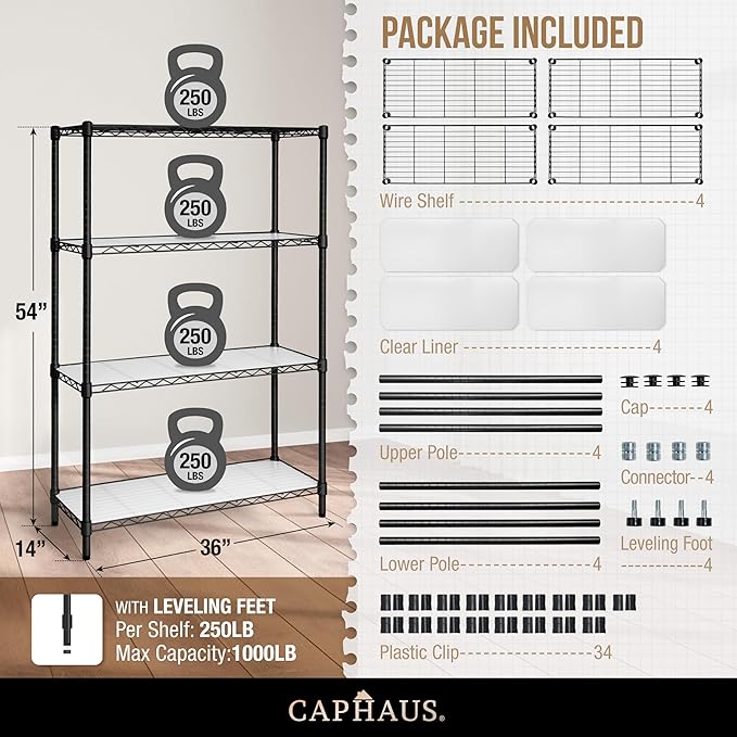 CAPHAUS NSF Adjustable Height Wire Shelving Unit w/Liner, Basement Storage Shelving, Metal Steel Storage Shelves, Garage Shelving Storage Organizer, Utility Shelf, 4-Tier No Wheels W/Liners, Black