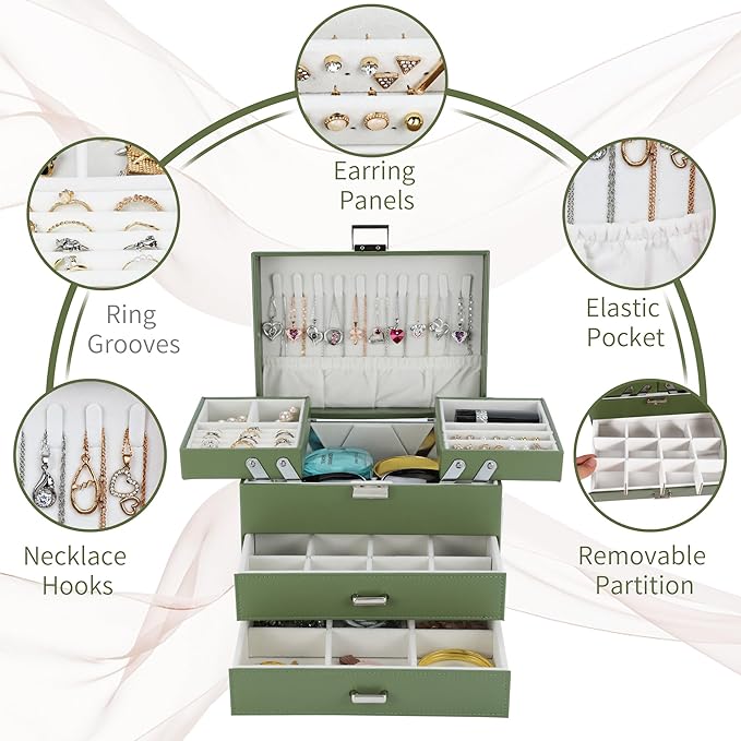 Dajasan Jewelry Organizer Box for Women Girls, Jewelry Holder Organizer, 4 Layers Leather Jewelry Box, Gift Idea for Valentine's Day, Christmas, New Year, Birthdays (Green)