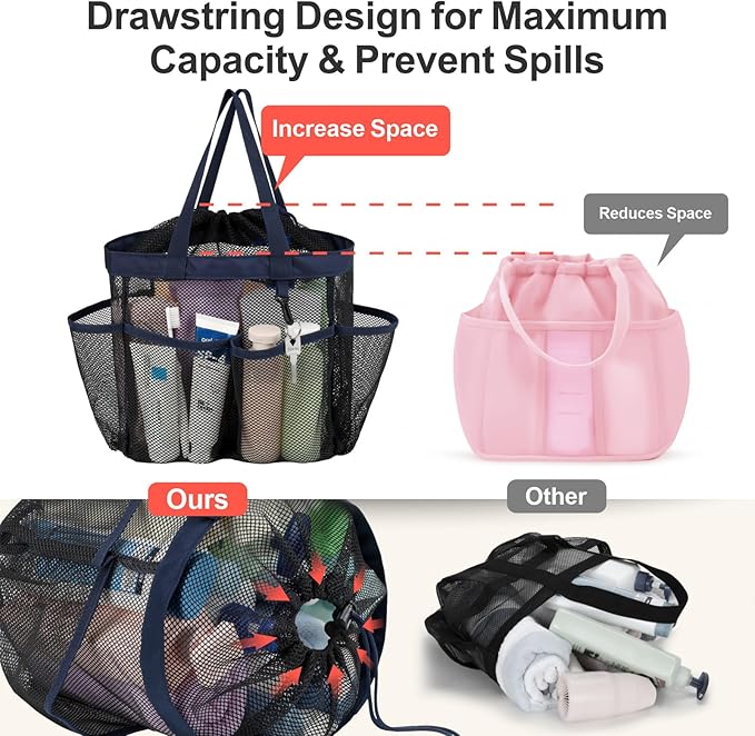 F-color Mesh Shower Caddy Portable with Drawstring - Deeper 7 Pockets Dorm Room Essentials for Guys Girls with S Hook, Shower Bag Tote for College Camping Toiletry Bathroom, Black with Dark Blue