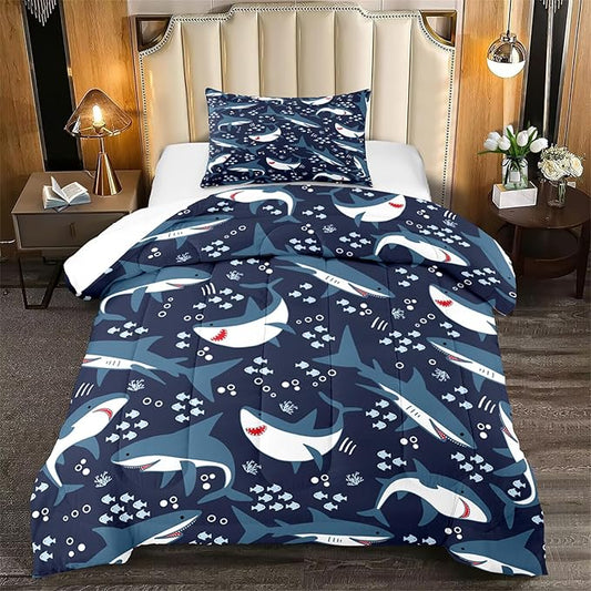 Shark Twin Comforter Set for Boys - 2Pcs Boys Sharks Bedding Set Twin Size Shark Print Comforter Set for Kids Boys Sea Animals Pattern Bedding Set for Bedroom, 1 Comforter with 1 Pillowcases