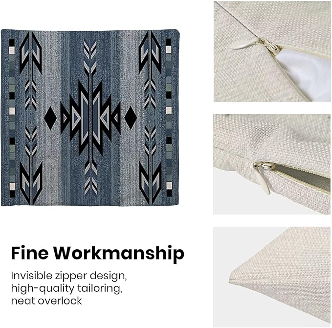 Boho Blue Carpet Throw Pillow Covers 18x18 Inch Set of 2, Rustic Tribal Decorative Throw Pillow Covers Antique Blue Linen Outdoor Cushion Cover for Sofa Couch Farmhouse Room Bed Decor