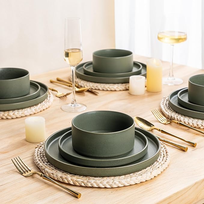GBhome Ceramic Dinnerware Sets for 6, Matte Stoneware Plates and Bowls Sets,Chip and Scratch Resistant Dishes, Dishwasher & Microwave Safe, Oven safe,Reactive Glaze-Green