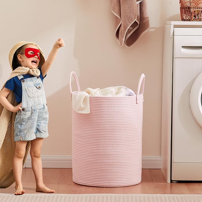Pink Hamper Laundry Basket for Baby Girls Nursery Hamper for Kids Woven Rope Clothes Basket for Little Girls Room Bedroom Light Pink Kawaii Laundry Bin